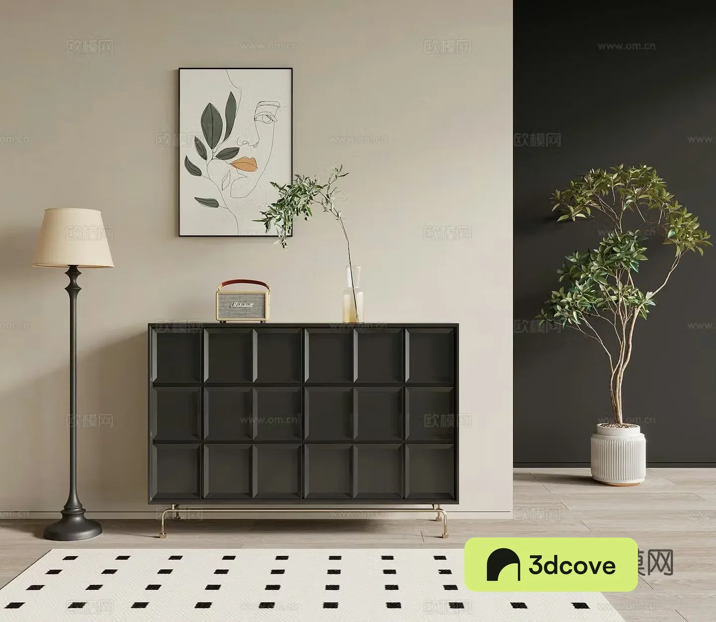 Entrance cabinet French retro style side cabinet end view cabinet floor lamp green plant