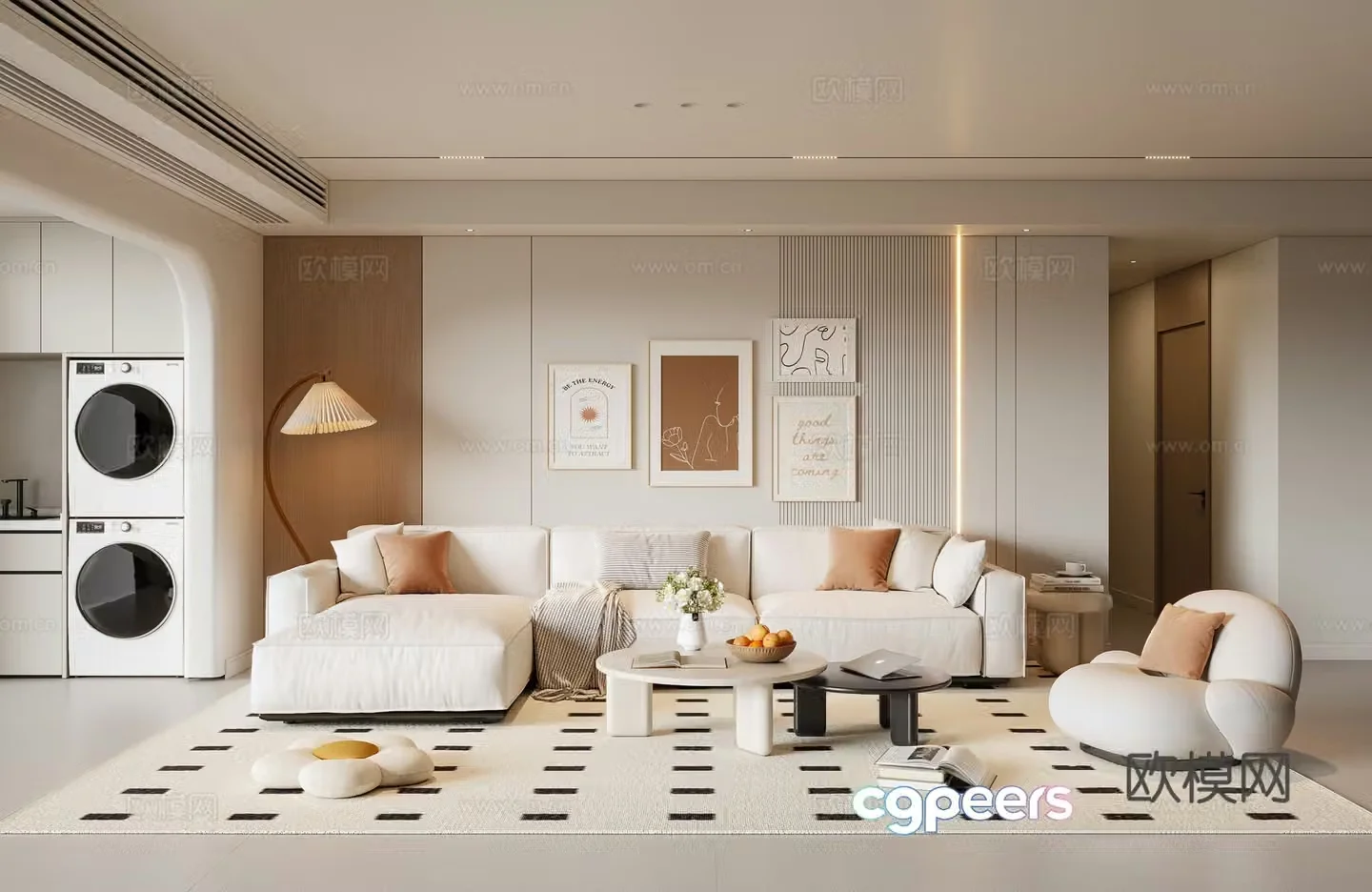 Modern creamy living room sofa coffee table casual sofa painting floor lamp 3d model