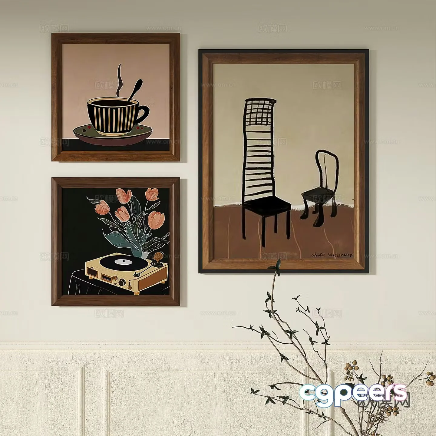 Modern French retro abstract light luxury simple medieval decorative painting 3d model
