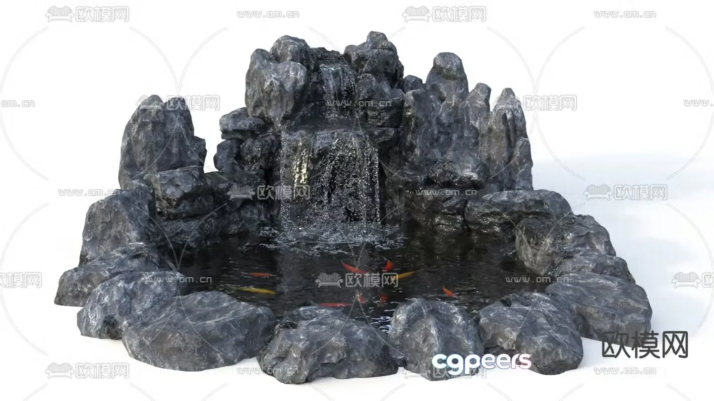 Rockery waterscape waterfall koi pond 3d model