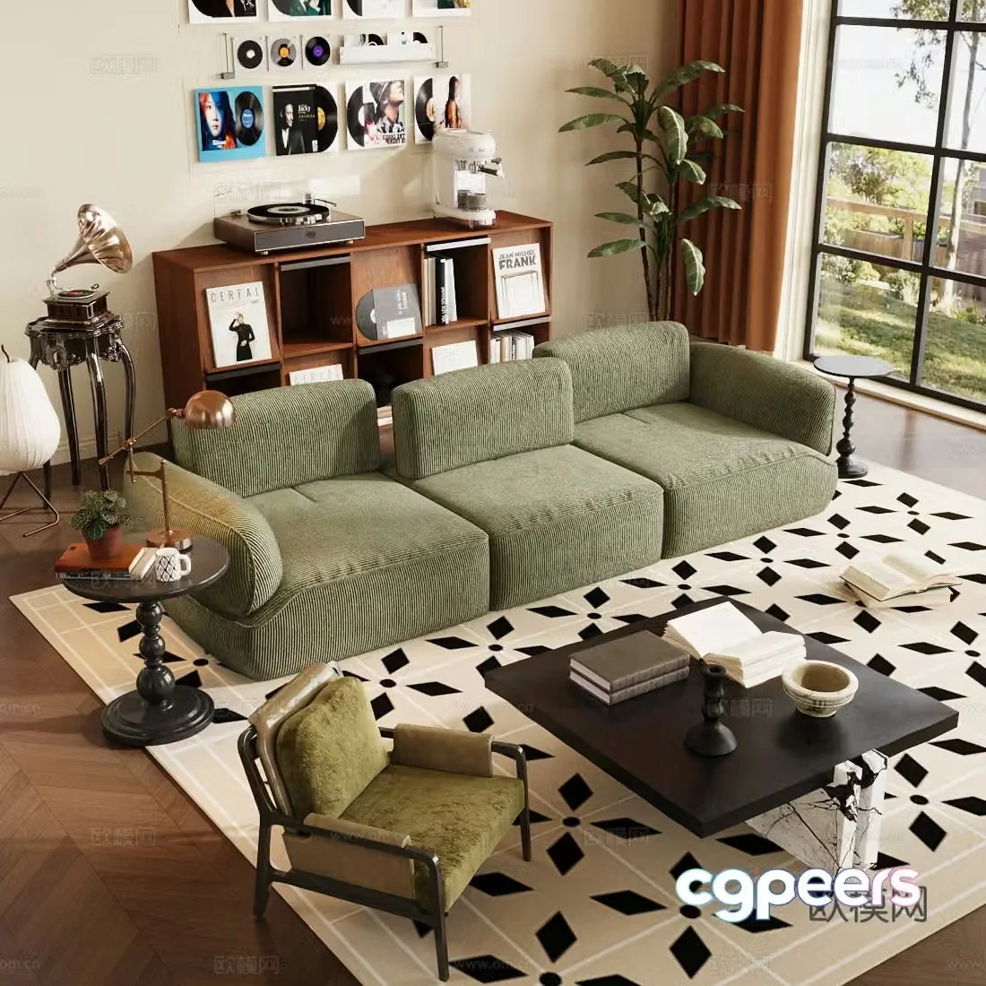 Medium-old home living room horizontal living room sofa coffee table combination retro living room chest of drawers 3d model