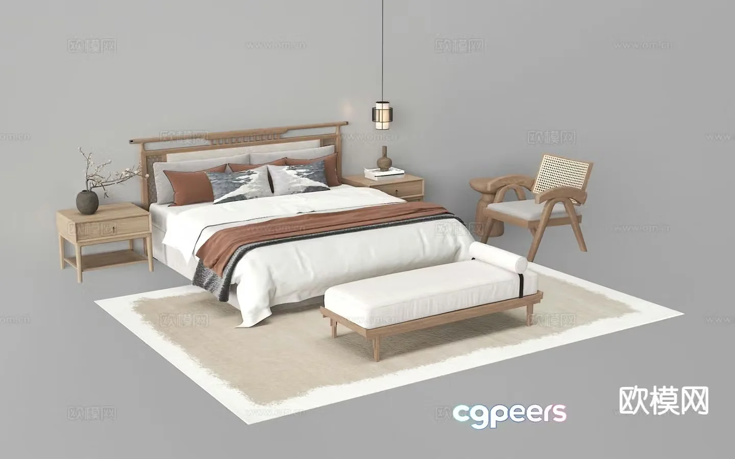 New Chinese style double bed fabric bed solid wood bed 3d model