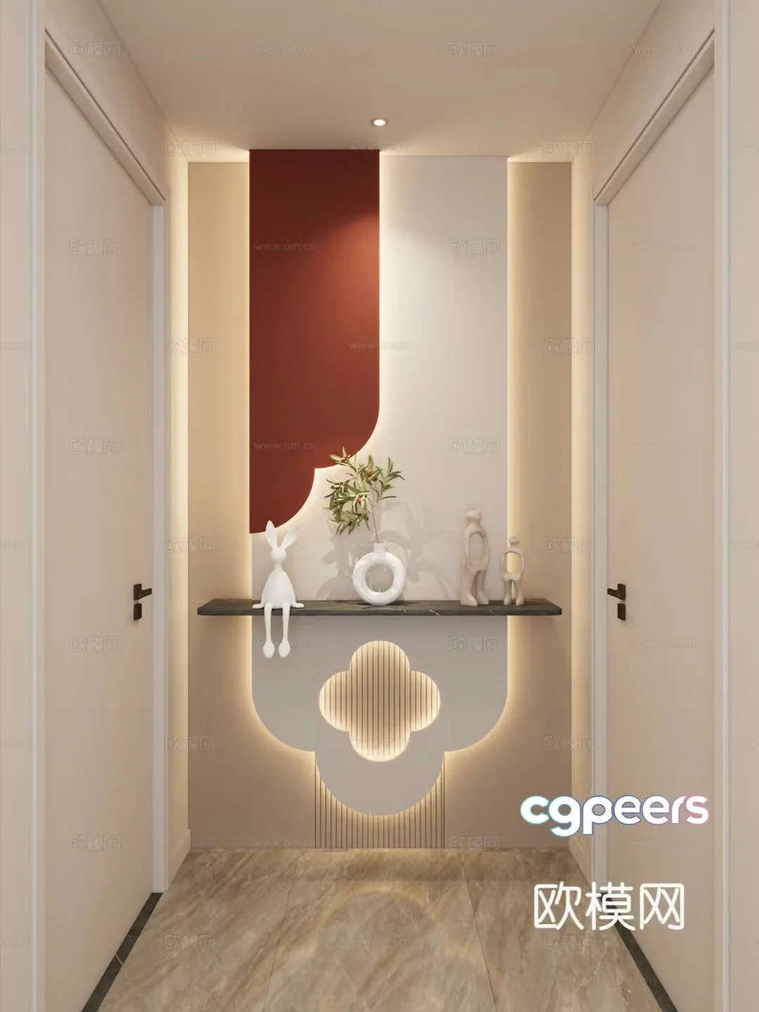 Simple creamy style curved shape Hermes orange marble corridor end view 3D model