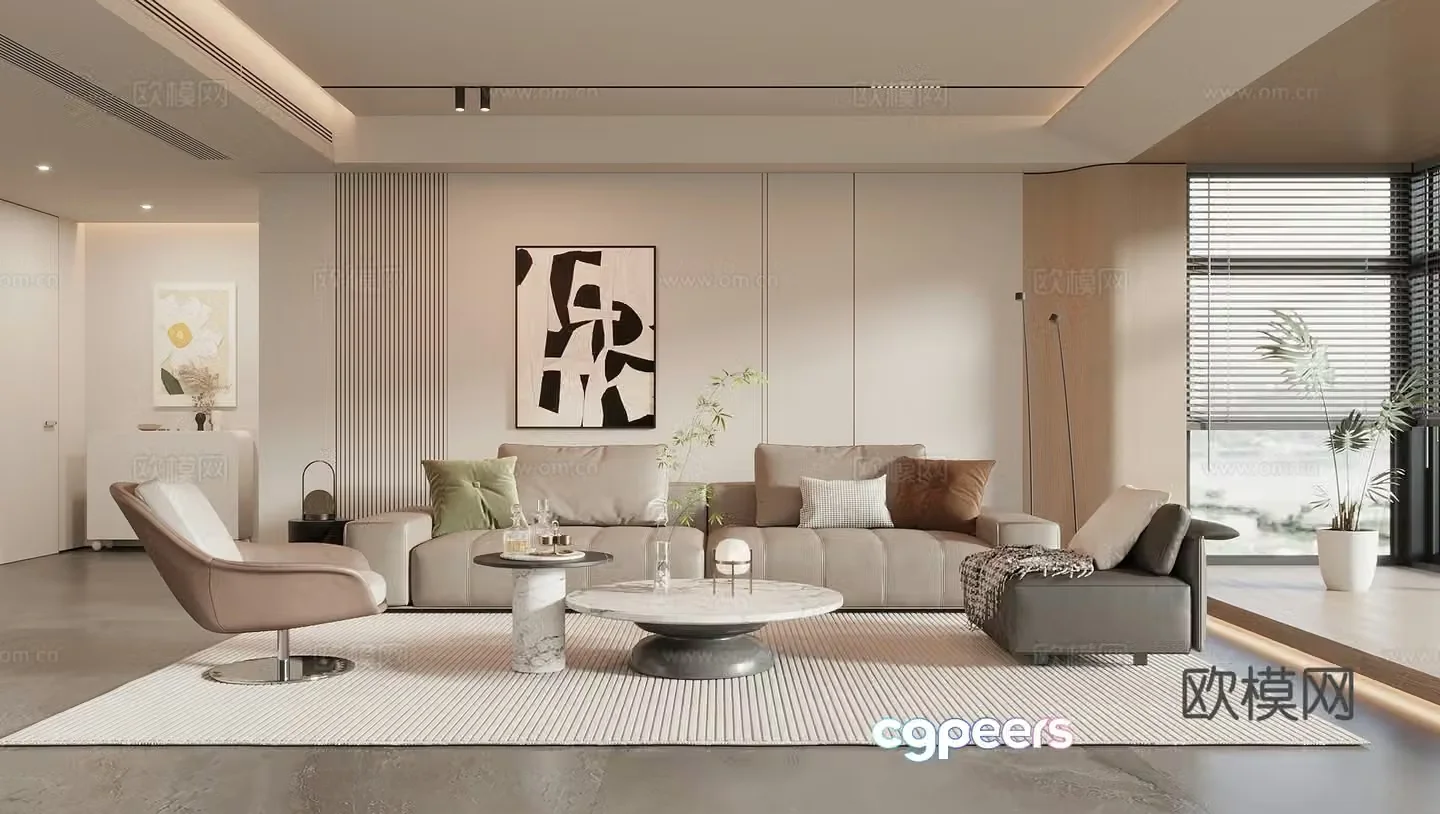 Modern creamy living room sofa coffee table combination sofa background wall leisure chair entrance cabinet 3d model