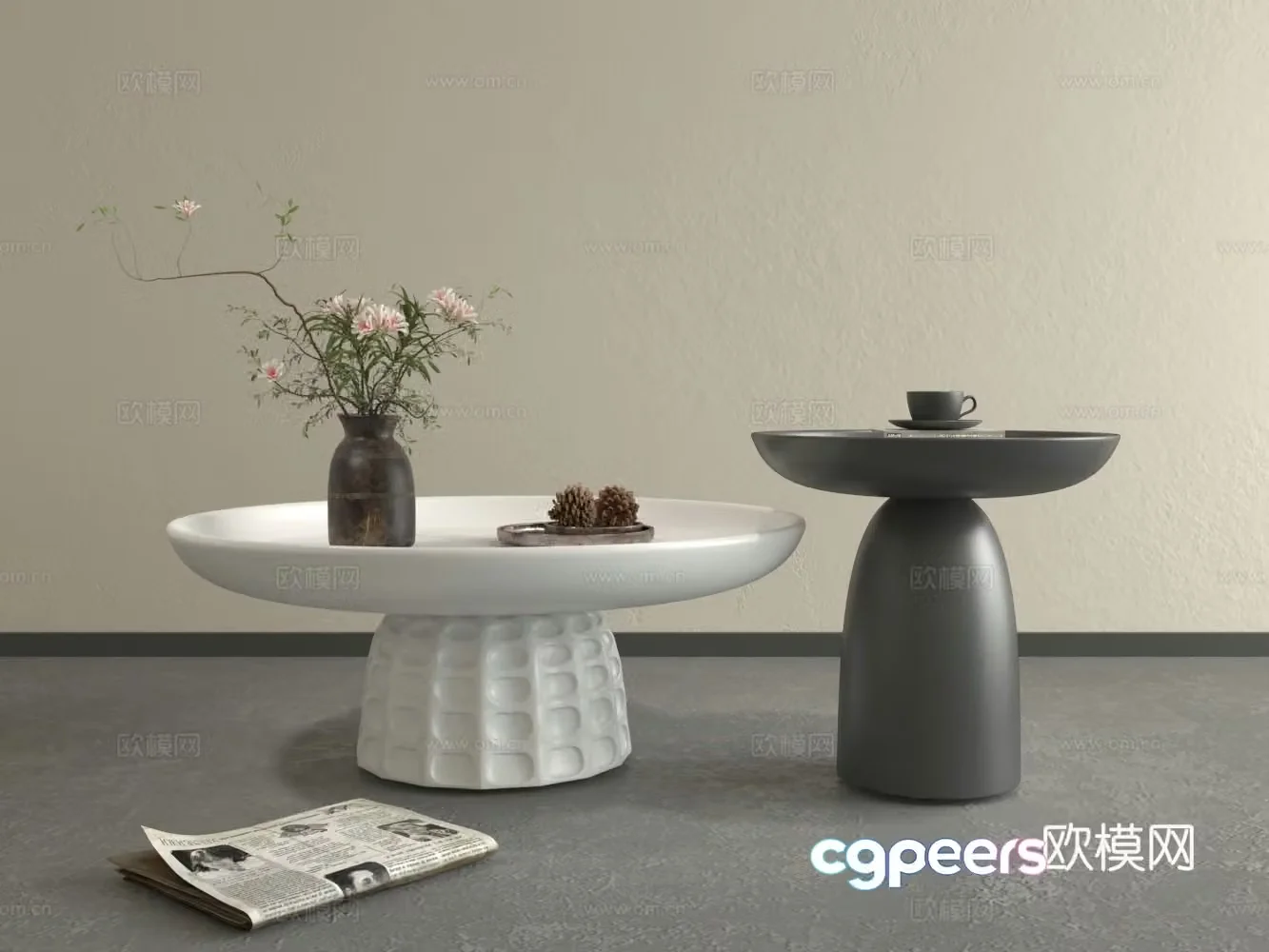 Middle style living room coffee table vase flower art pine tower 3d model