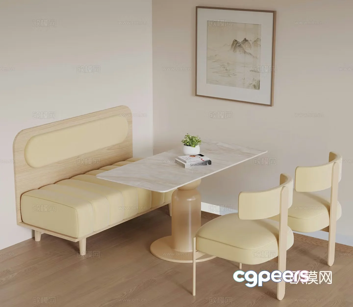Modern dining table and chairs hanging painting 3d model