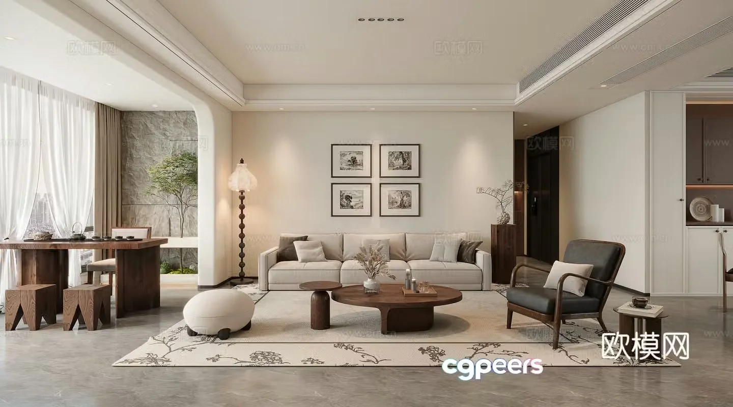 Middle style living room sofa background tea table 3d model