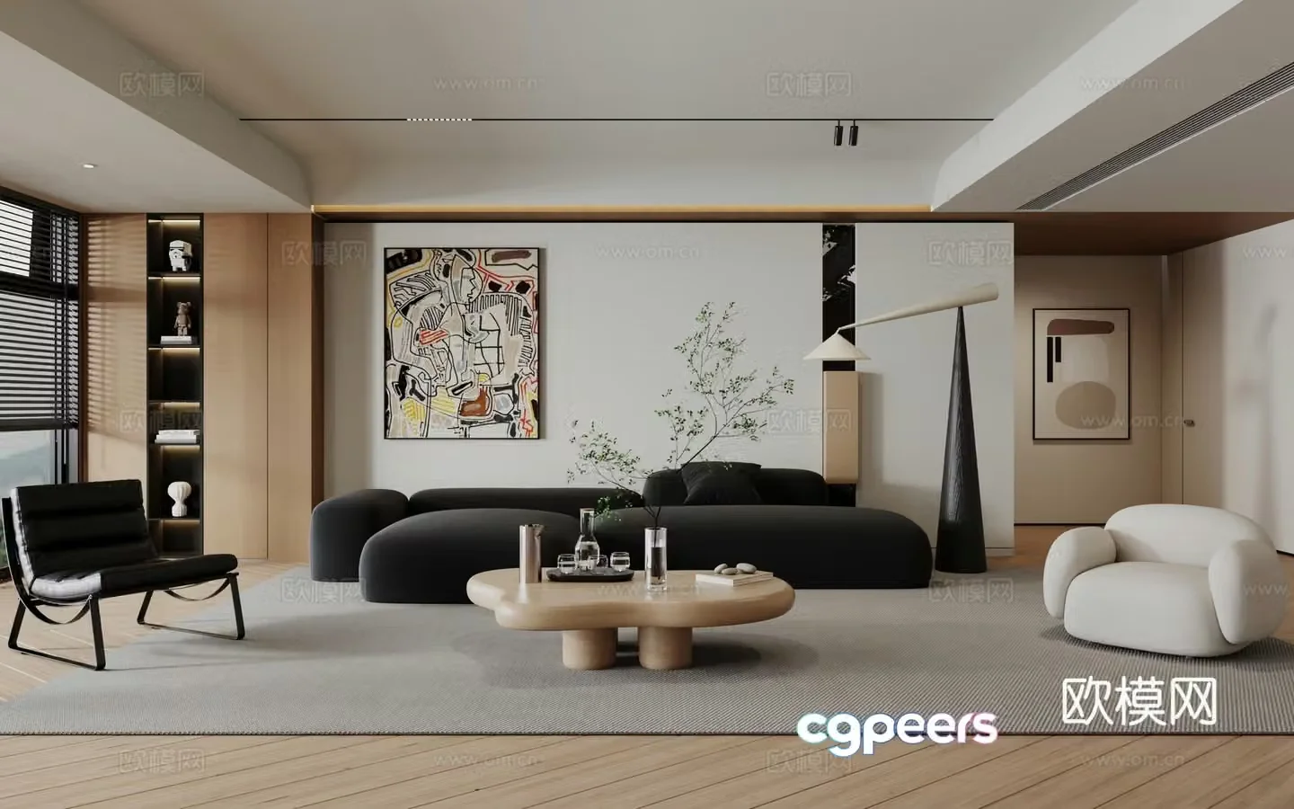 Modern minimalist log living room 3d model