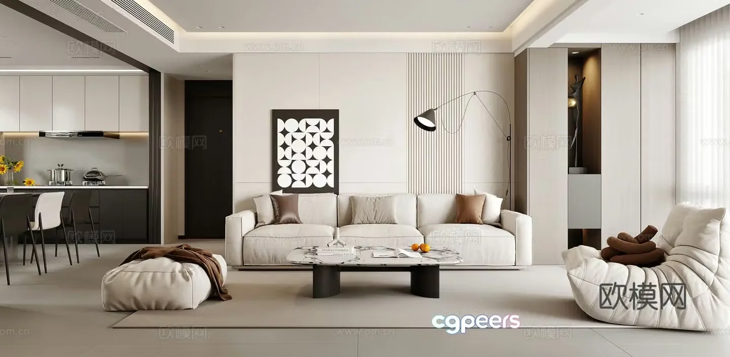 Modern light luxury Italian living and dining room 3D model