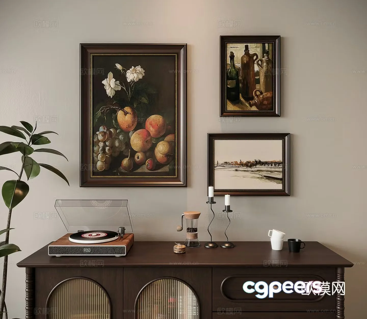 American retro combination painting hanging painting record machine ornament 3D model