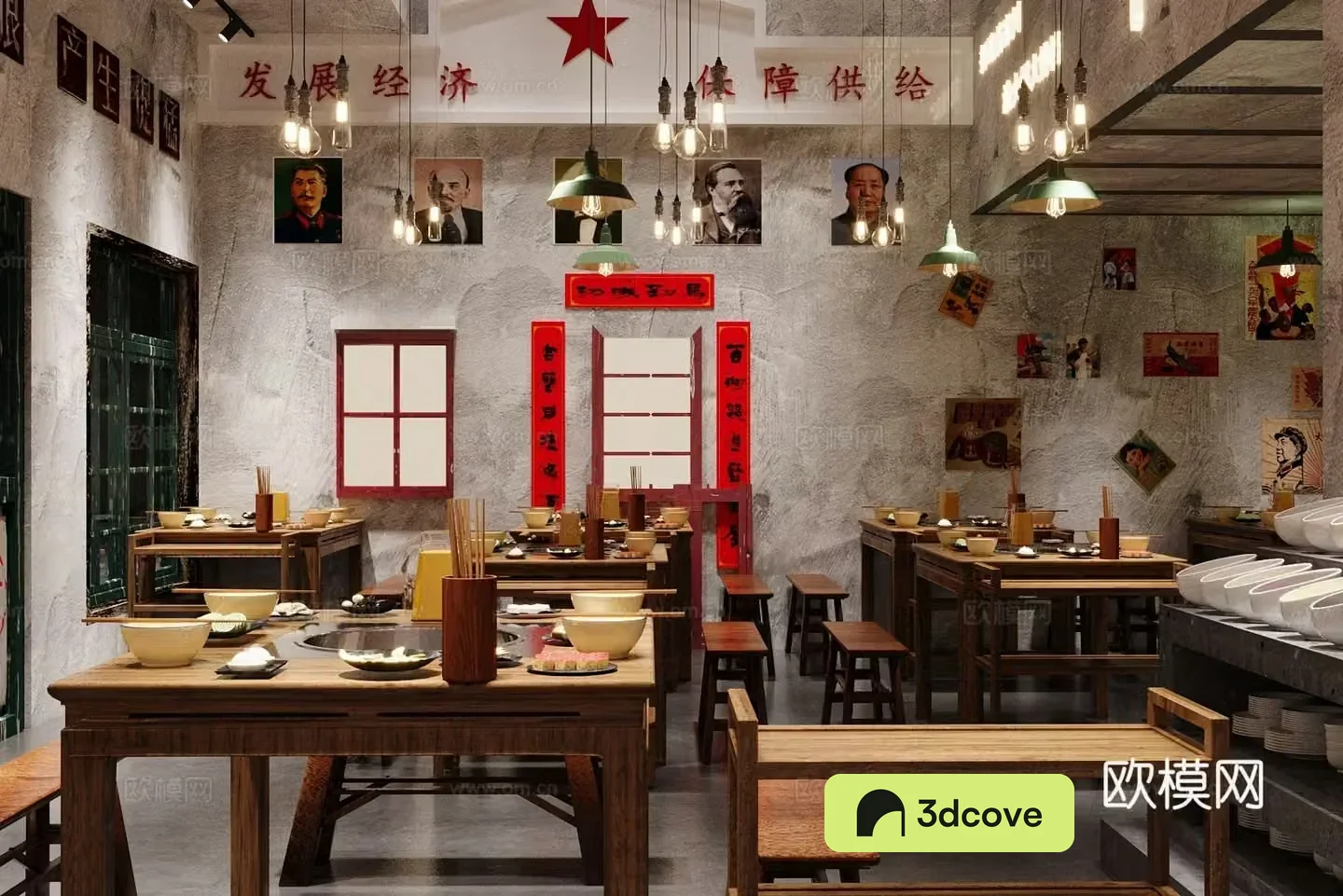 Industrial style nostalgic barbecue restaurant hot pot restaurant skewers restaurant Chinese restaurant hot pot tables and chairs