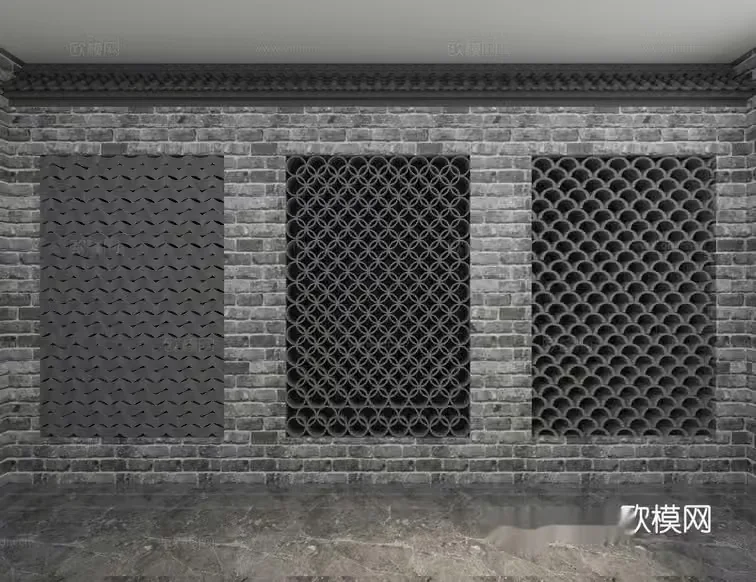A Decorative Brick Wall With Three Patterns 3D Model – 2182 – VRAY Render