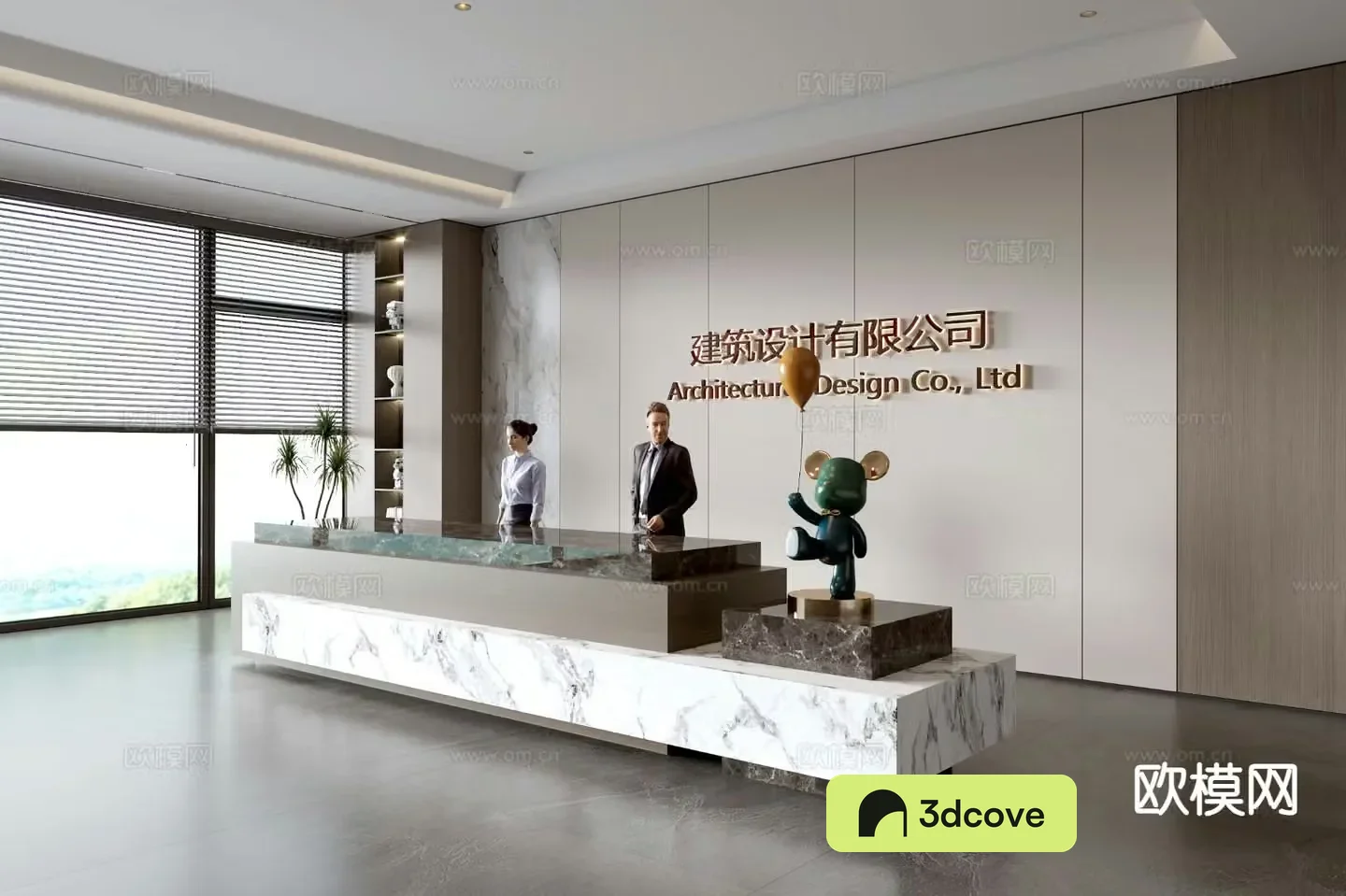 Modern company front desk reception desk corporate wall