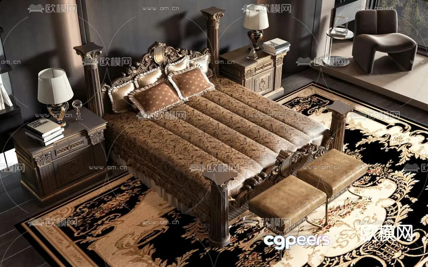 European double bed 3d model
