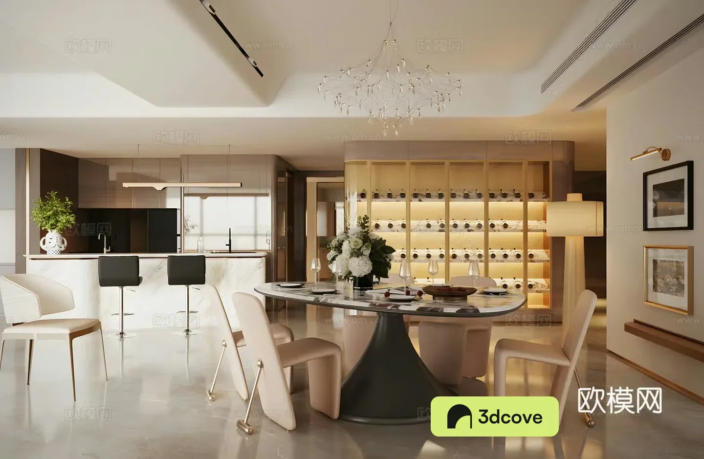 Italian light luxury villa restaurant Light luxury Italian round table restaurant Marble dining table Restaurant crystal chandeliers