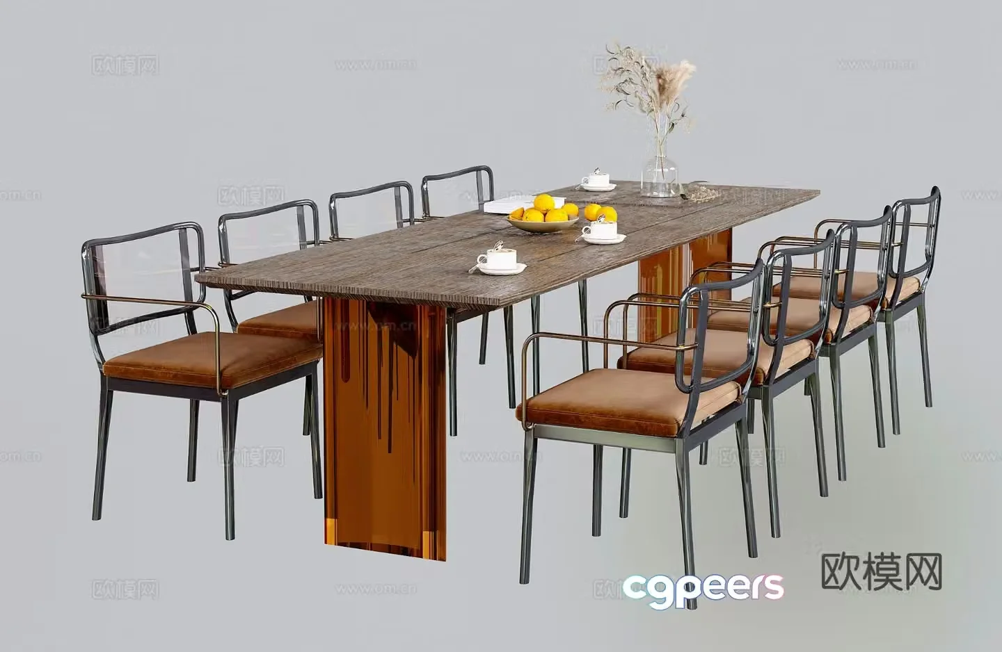 Modern dining table and chairs rectangular dining table eight-person dining table 3D model