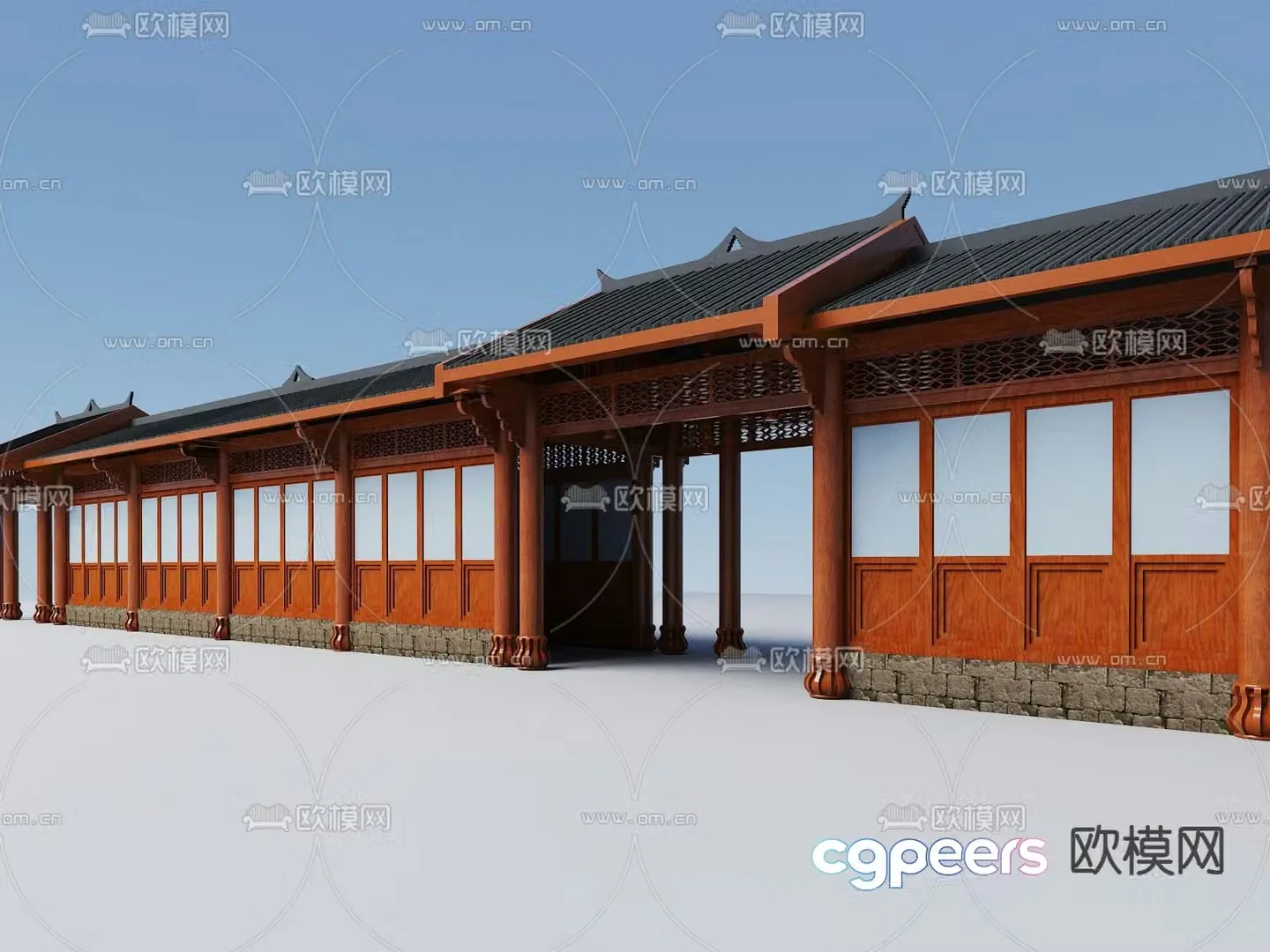Chinese style gate entrance ancient building gallery 3D model