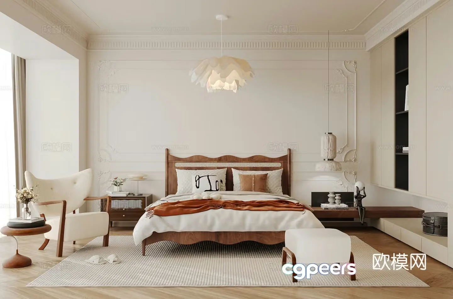 Middle style home bedroom Middle style elder room Second bedroom Middle style bedroom bed bed nightstand 3D model