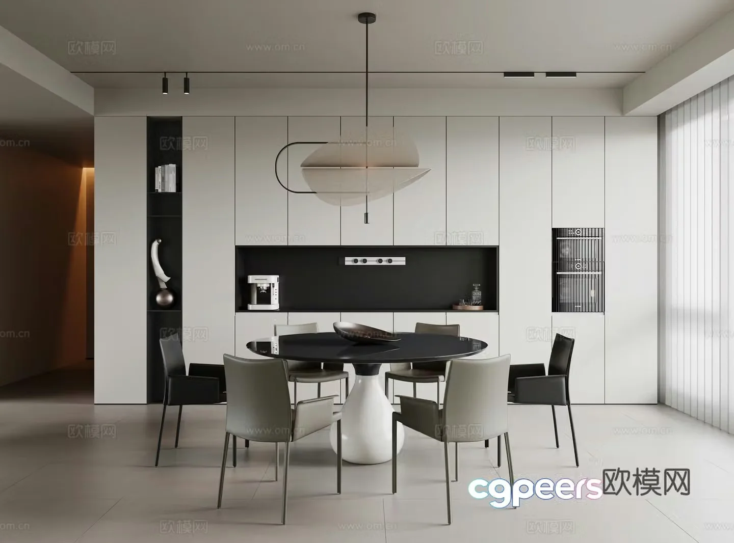 Italian minimalist restaurant restaurant without lights dining table and chair combination round dining table single chair leather dining 3D model