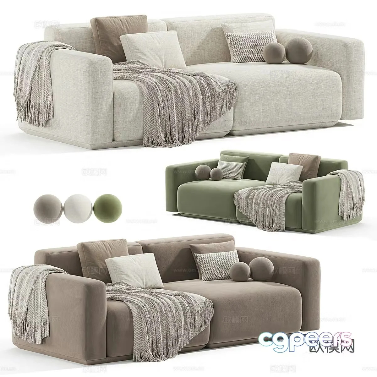 Modern cream style fabric double sofa 3d model