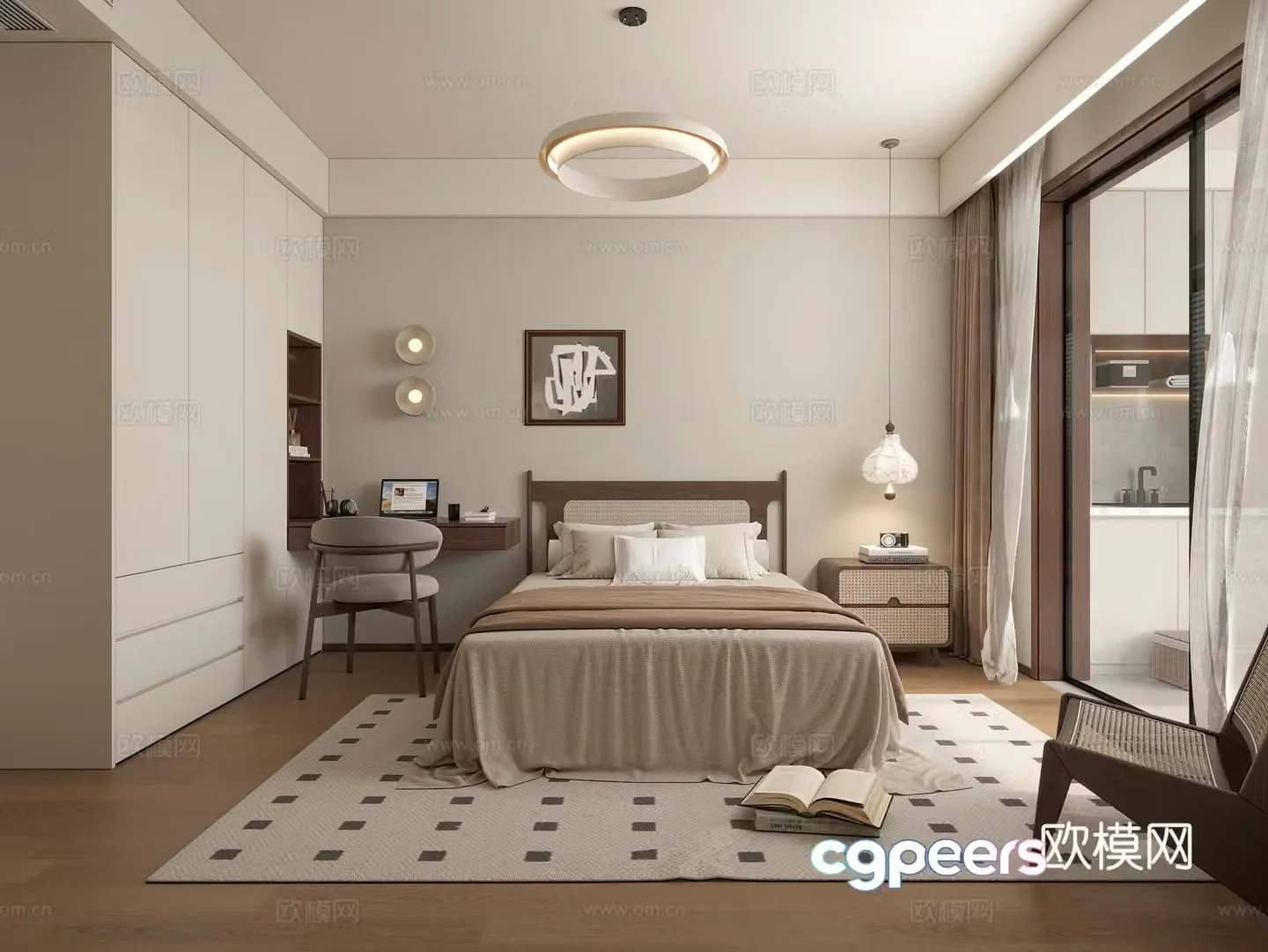 Middle-aged bedroom Middle-aged chandeliers Middle-aged bed nightstand 3D model