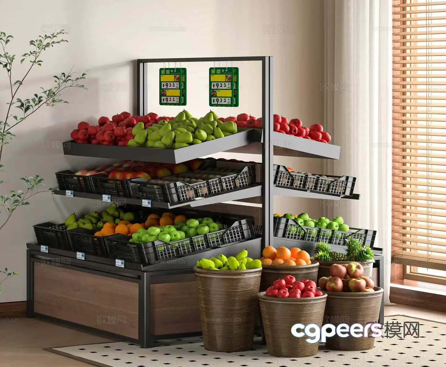 Modern fresh fruits and vegetables shelves 3D model