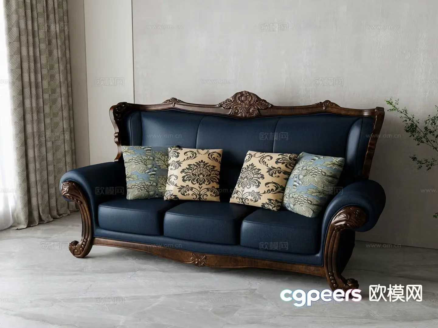 American three-seat sofa leather sofa 3d model