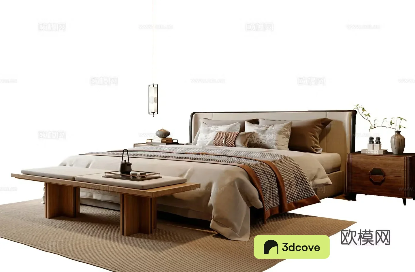 New Chinese style double bed New Chinese style bed tail stool bed nightstand chandeliers Song style