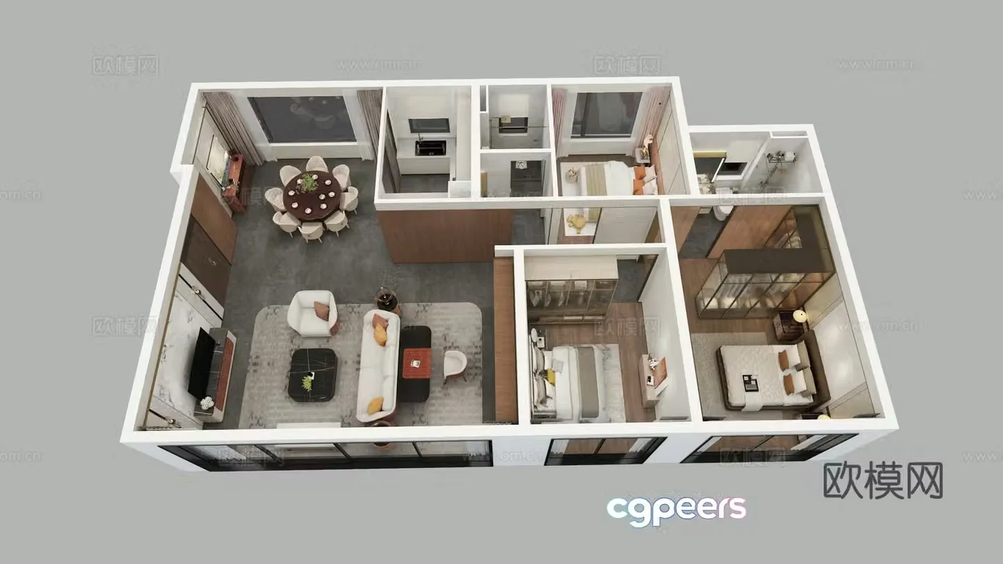 Aerial view of modern home decoration model room 3d model