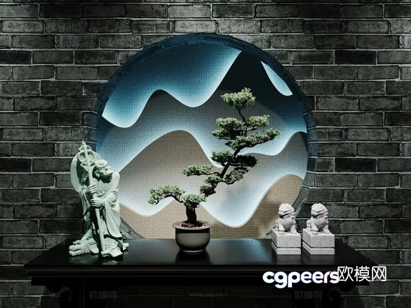 Chinese style end viewing platform sculpture bonsai combination Chinese style porch cabinet circular wall ornament ornament Arhat plant stone lion 3D model