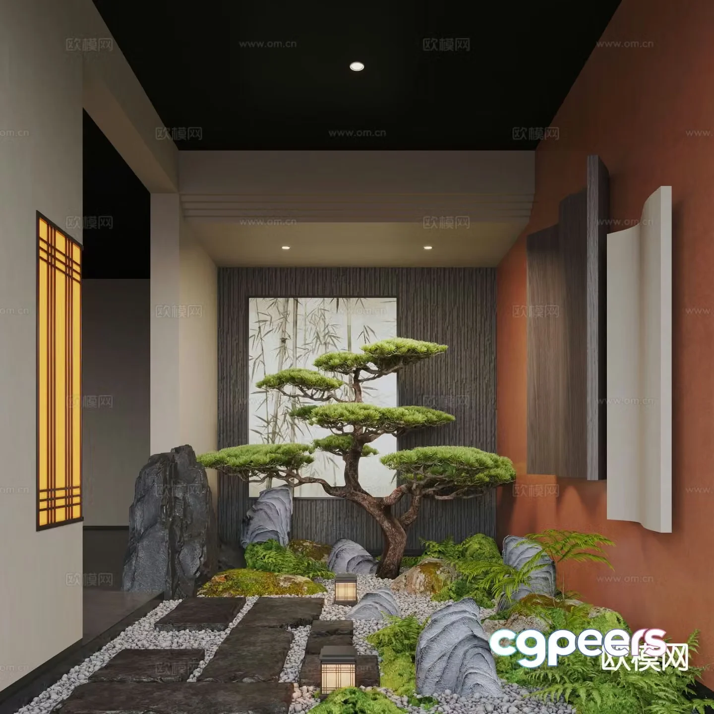 Indoor landscape pine tree landscaping cobblestone paving 3d model