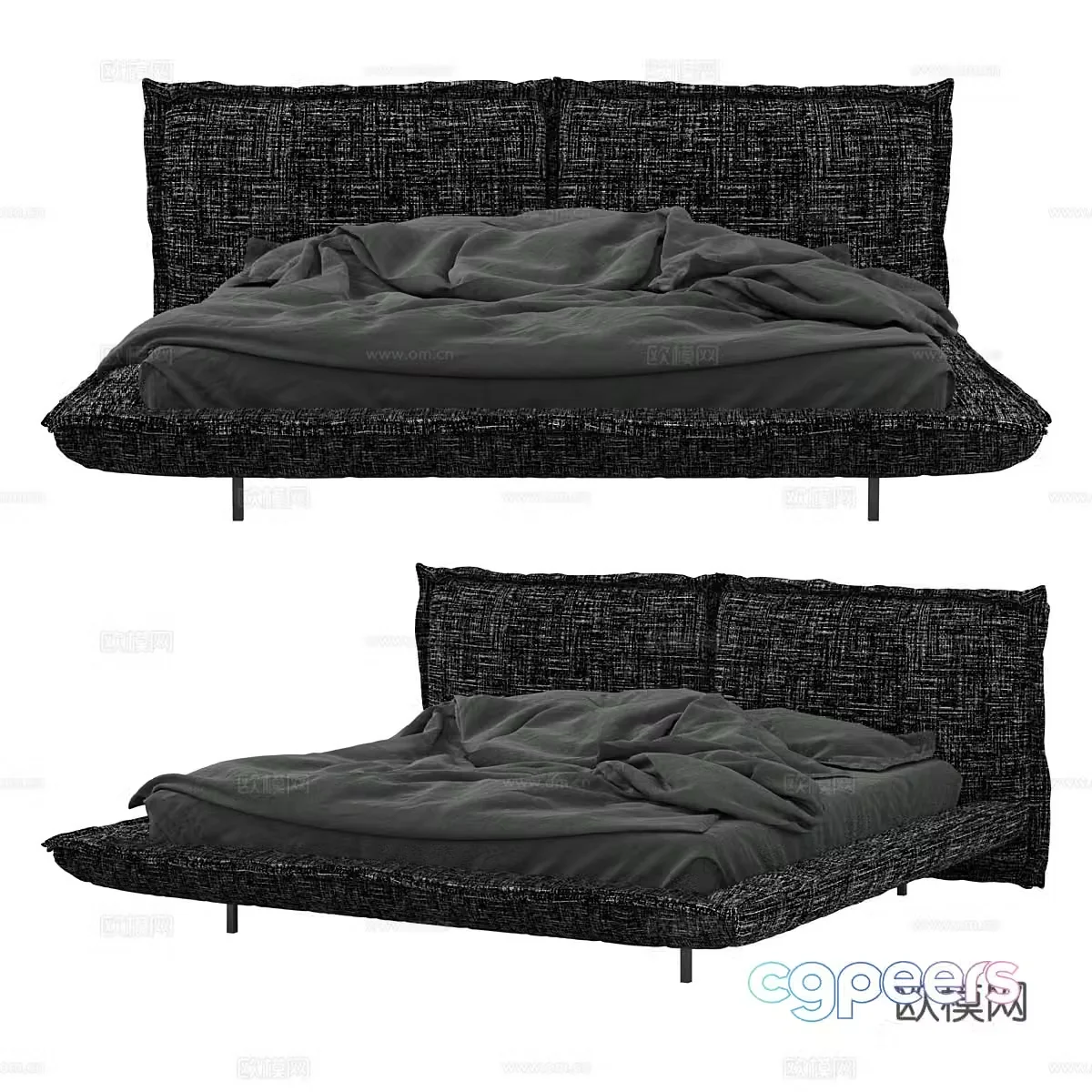 Modern minimalist dark style fabric double bed 3D model