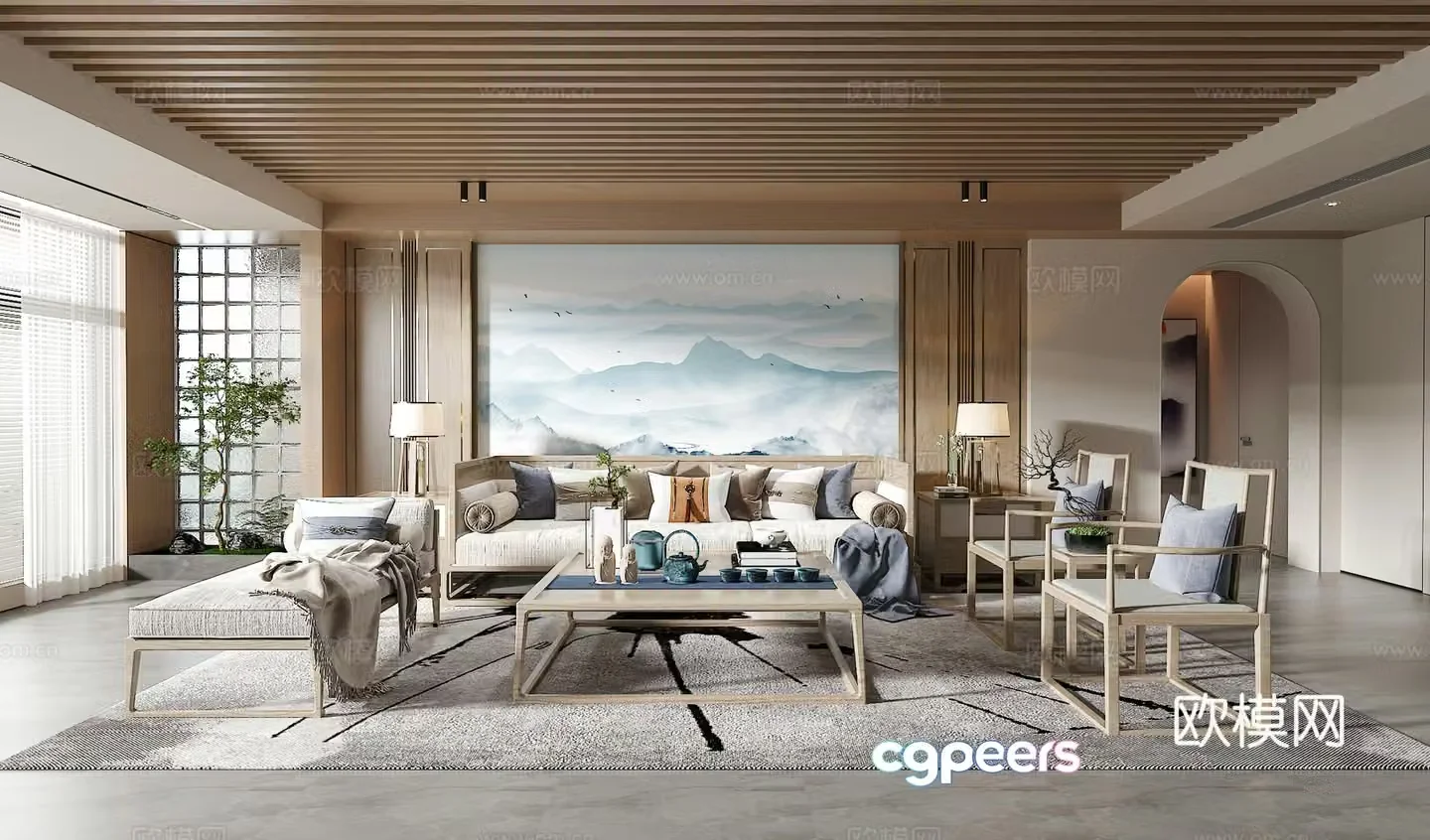 New Chinese living room sofa and coffee table combination green plants accessories desk lamp background wall 3D model