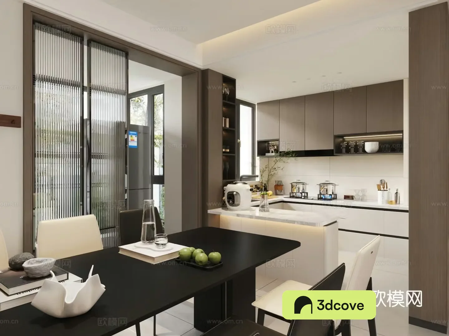 Black white and gray open kitchen restaurant