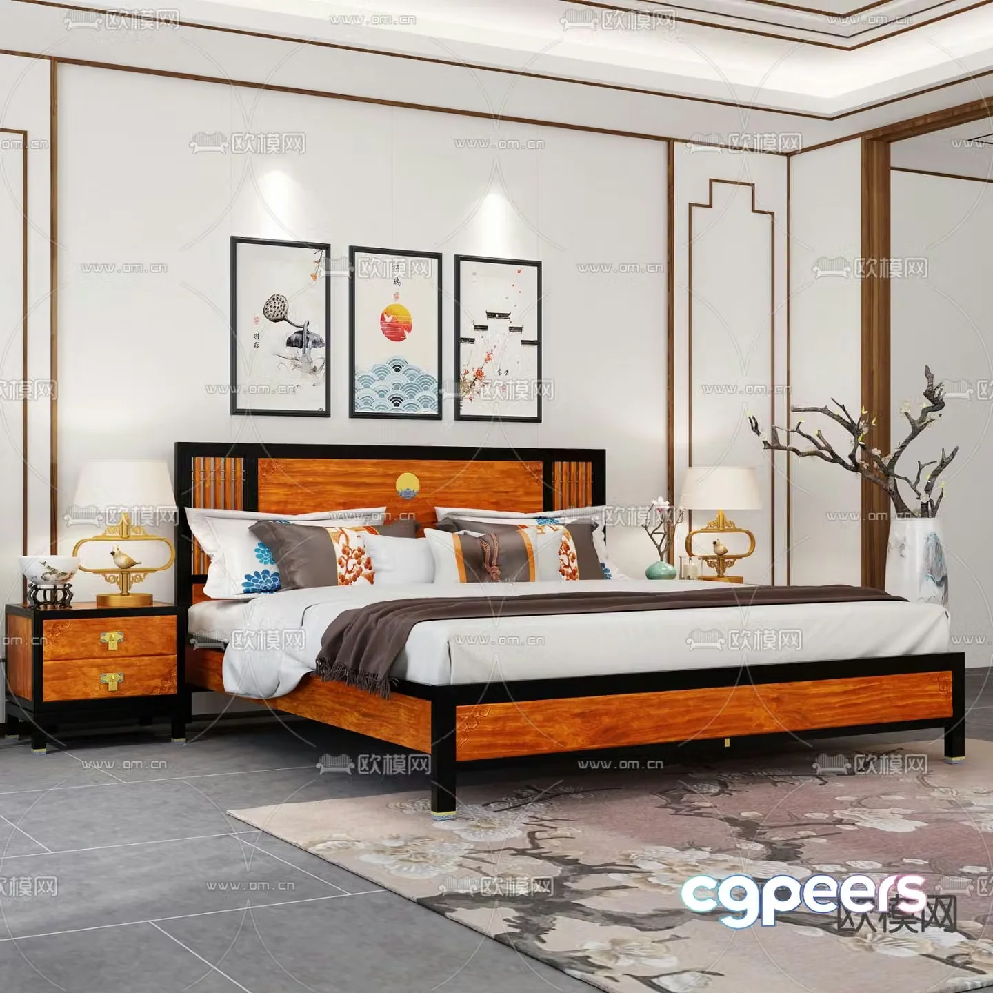 Chinese double bed solid wood bed 3d model