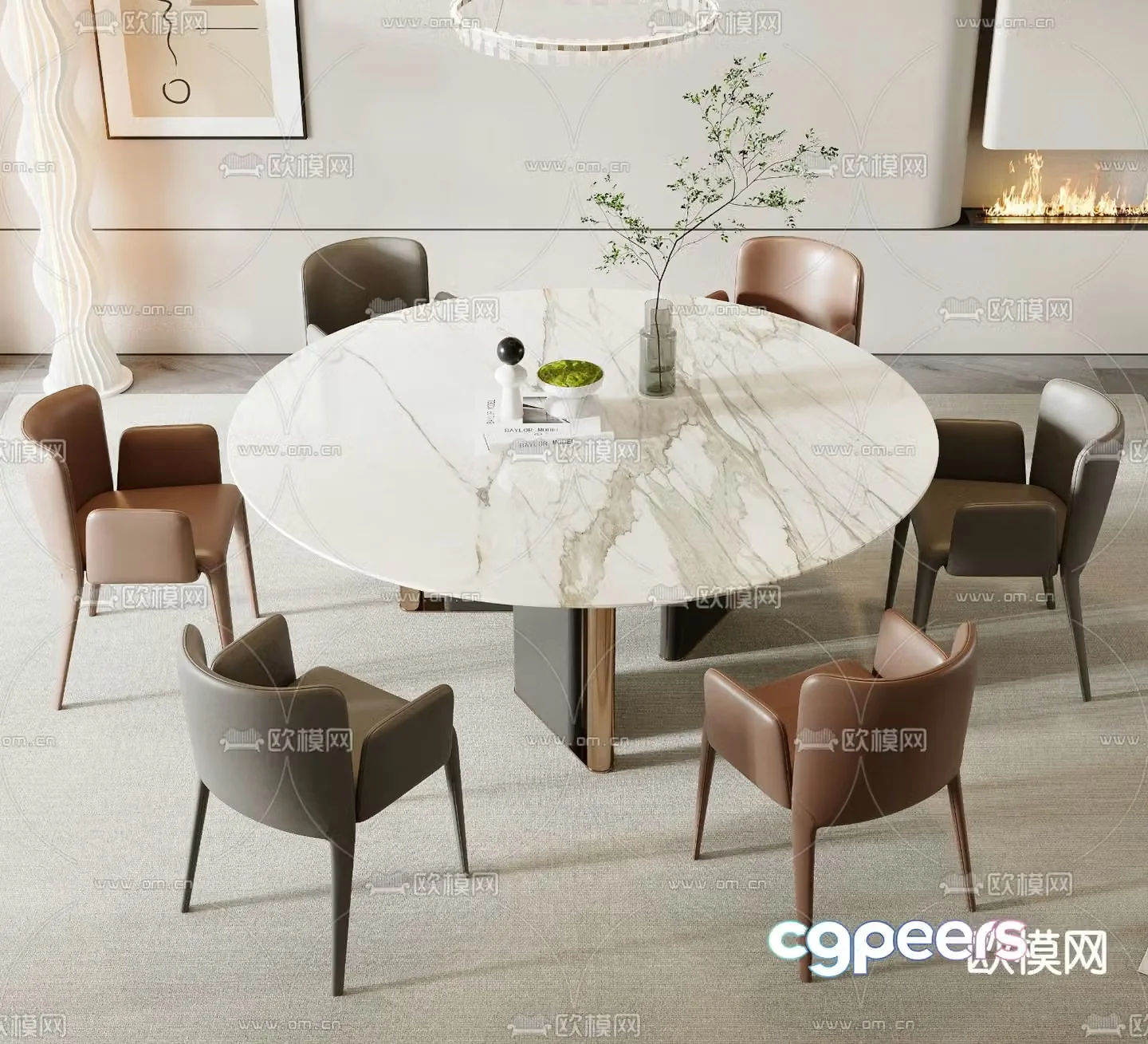 Round dining table and chairs slate dining table 3d model