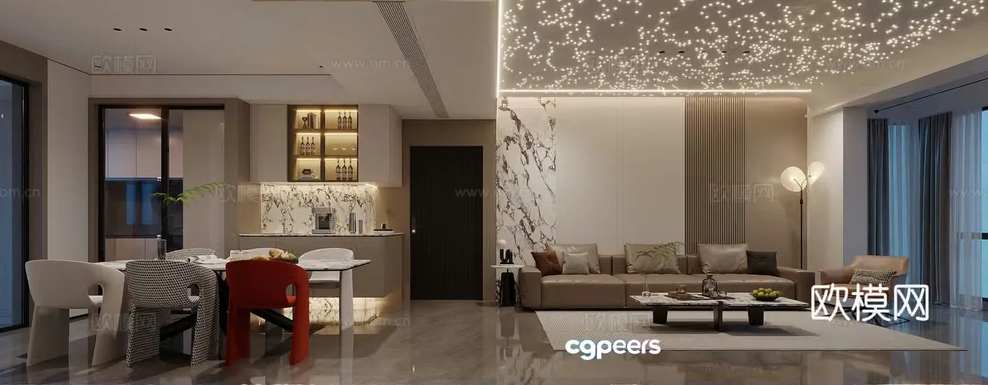 Modern living and dining room 3d model