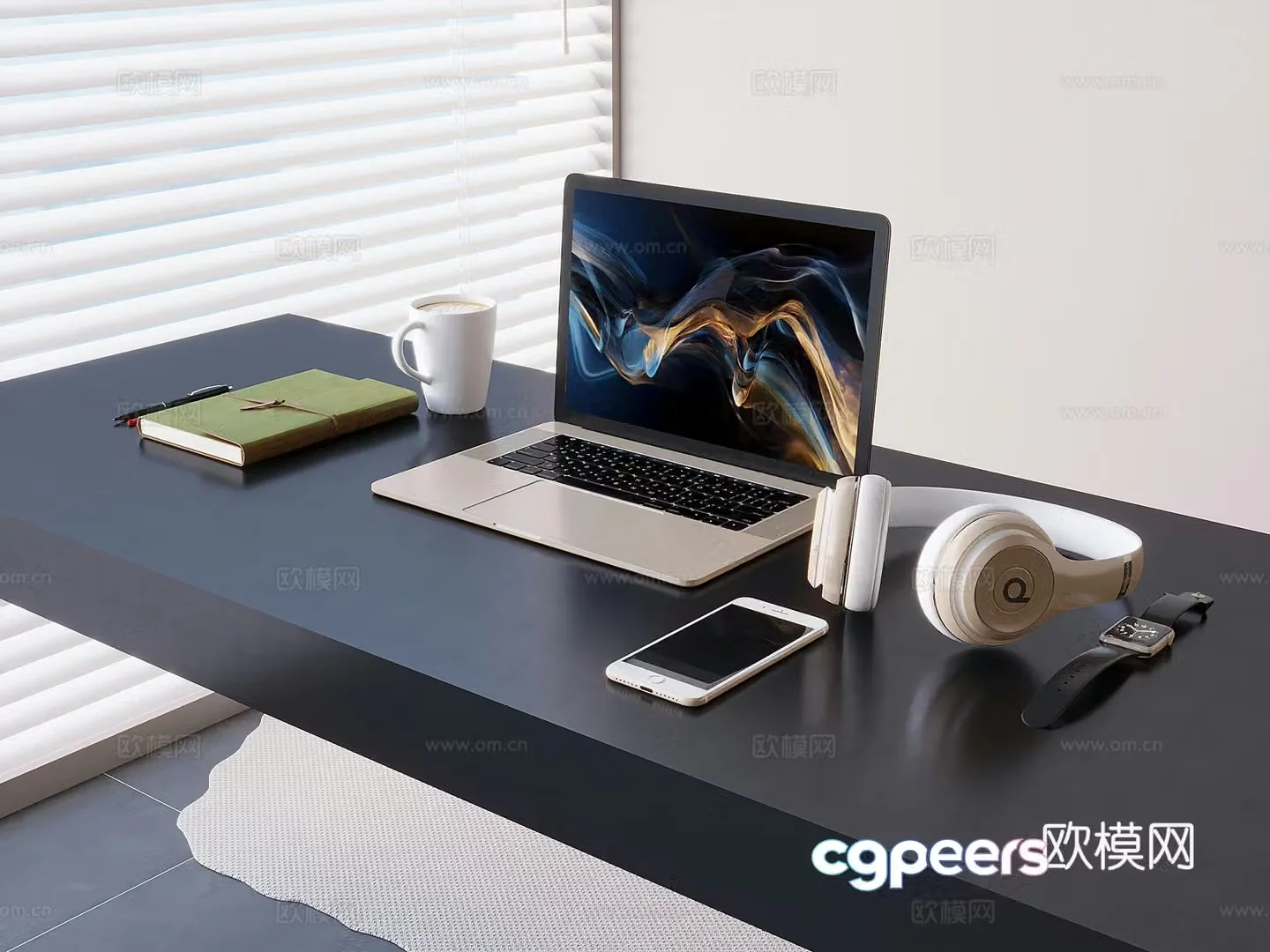 Office desk laptop mobile phone watch coffee cup notepad headset 3d model