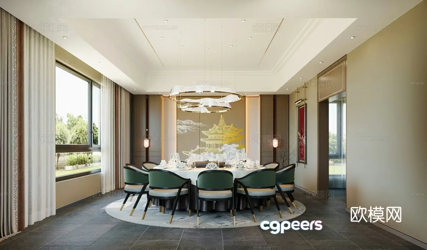 Private room catering private room new Chinese style private room restaurant round table new Chinese style chandeliers new Chinese style background 3D model