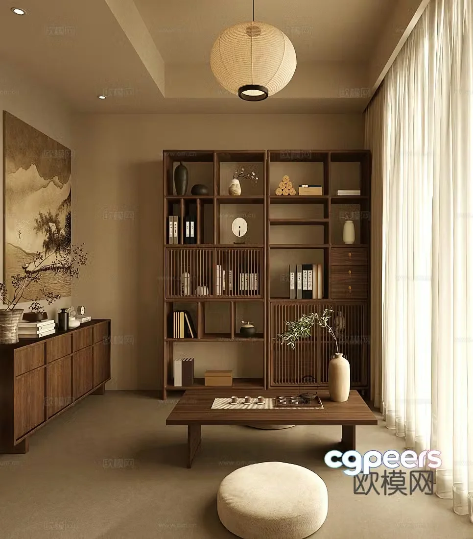 New Chinese style Zen tea room Tatami tea room Balcony tea room Tatami tea table and chair Entrance cabinet 3D model