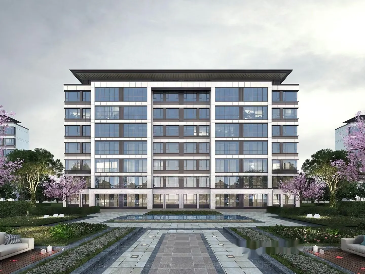 The Main Subject Is A Large Modern Building With A Courtyard 3D Model – 2286 – VRAY Render