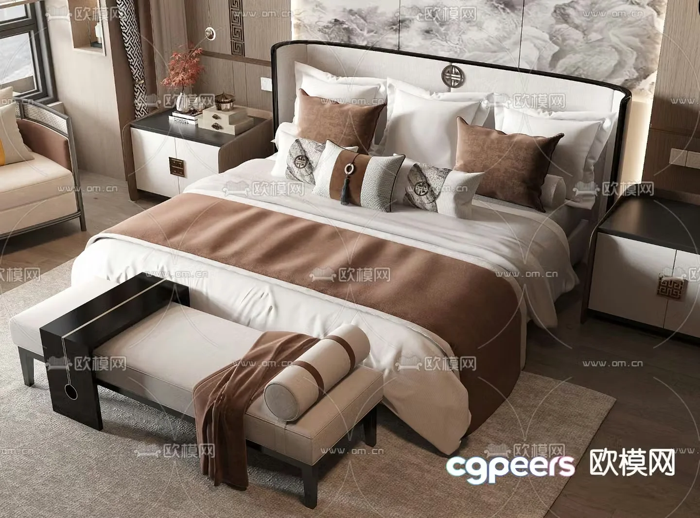 New Chinese style double bed 3d model