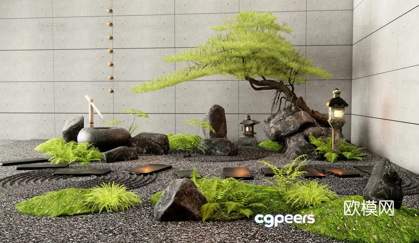 New Chinese style courtyard landscape sketch dry landscape moss plant 3D model