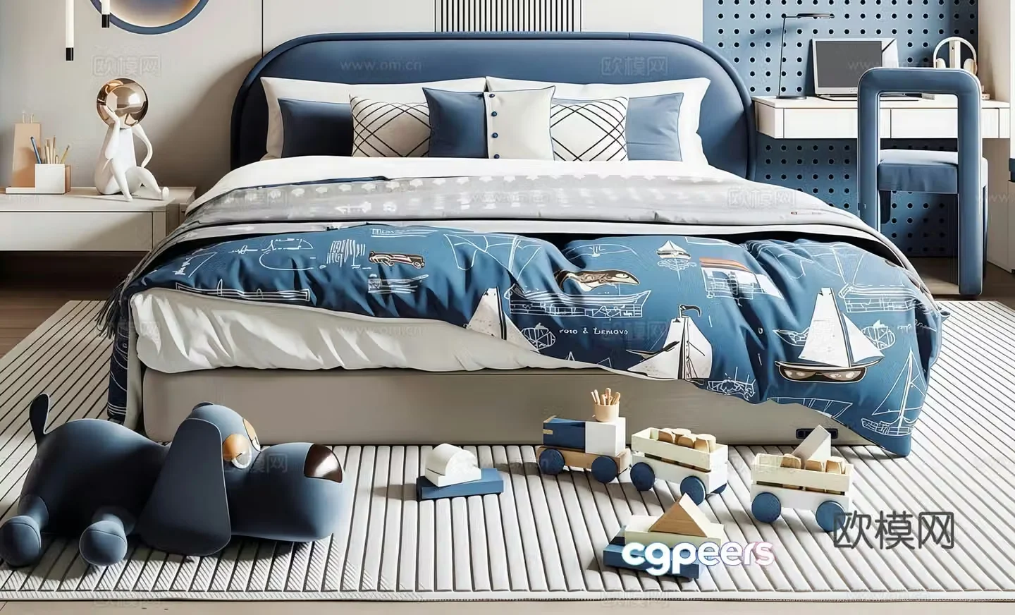 Modern boy children’s bed children’s desk toys ornaments bedside background wall 3d model