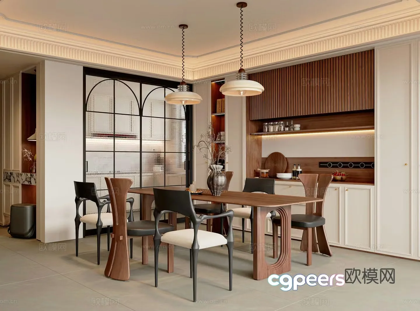 French medieval restaurant dining table and chair combination sideboard chandeliers restaurant accessories dining chairs 3D model