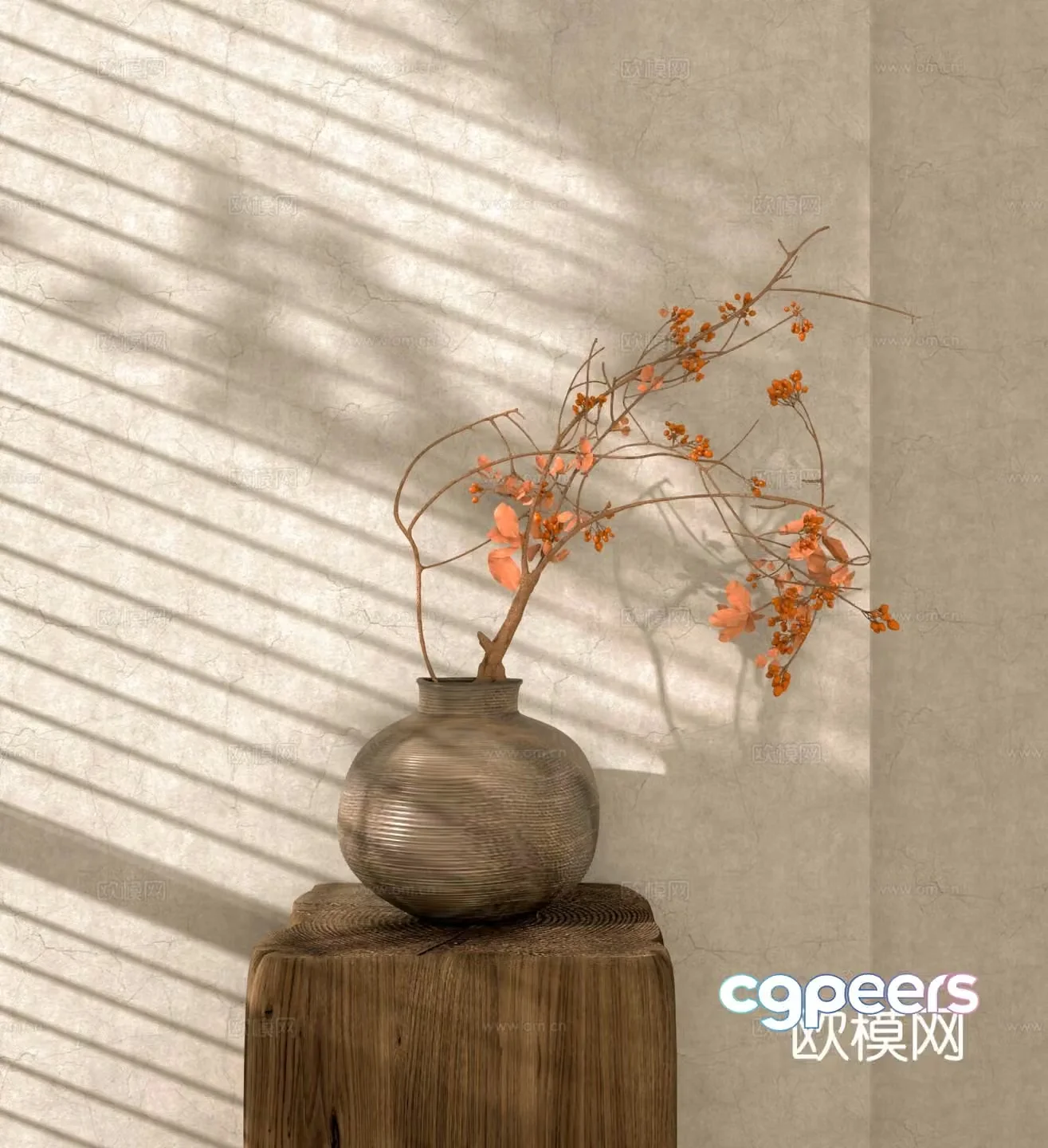 Wabi-sabi style pottery vase floral arrangement dried branches 3D model