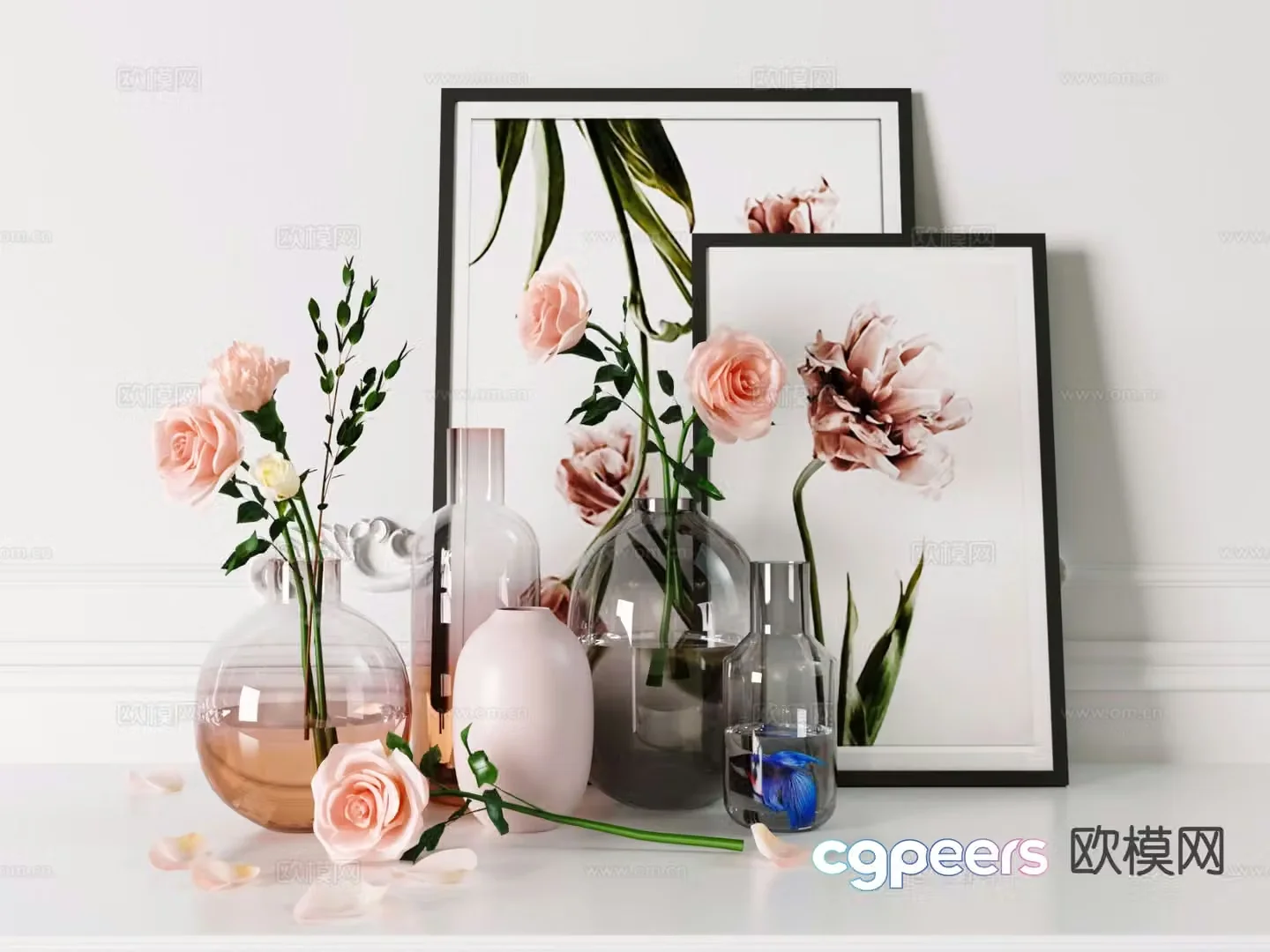 Modern glass vase ornaments dried flowers flower arrangement 3D model