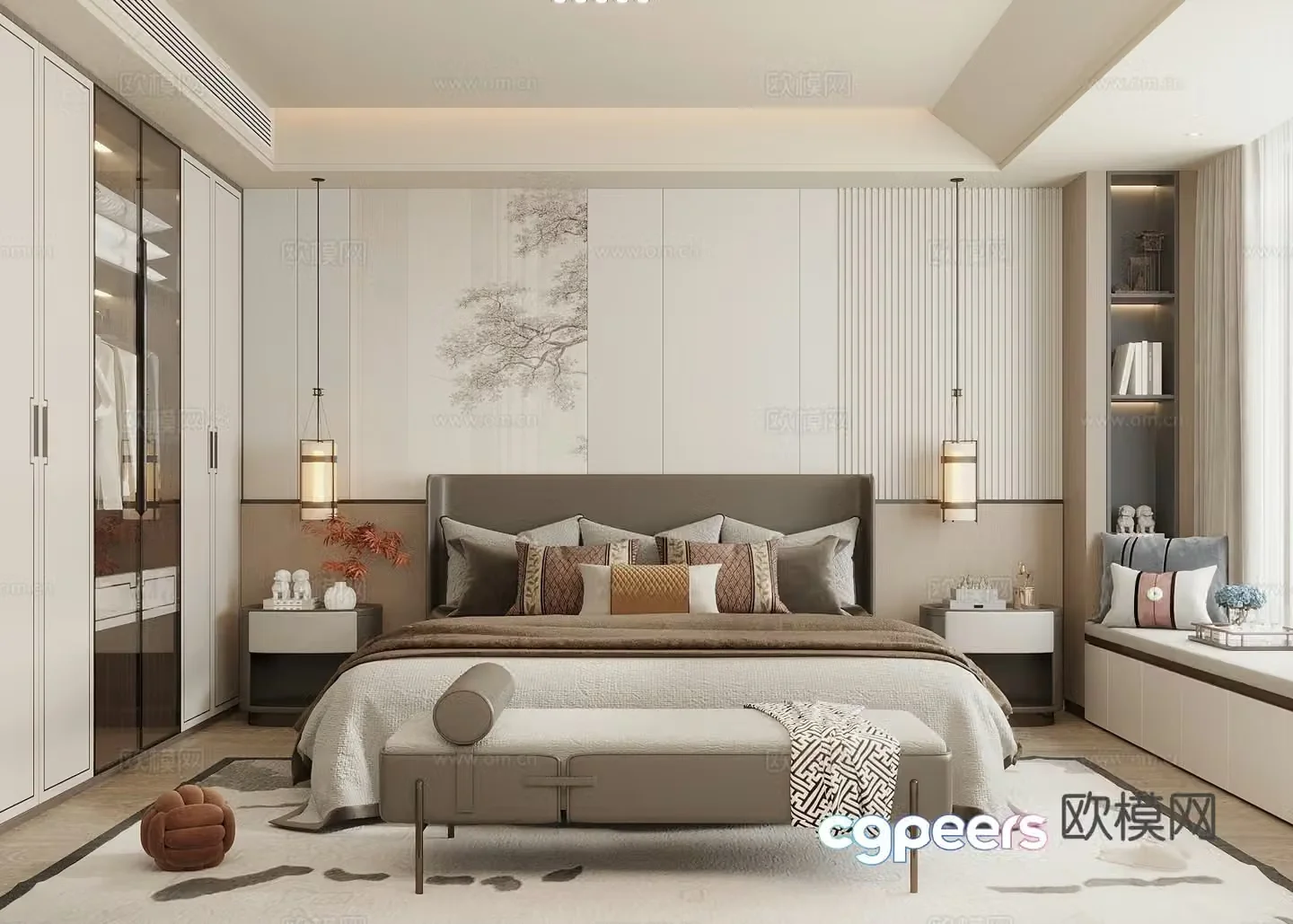 Song style new stroke bedroom bedside background wall double bed wardrobe bay window cabinet bedside table hanging 3d model