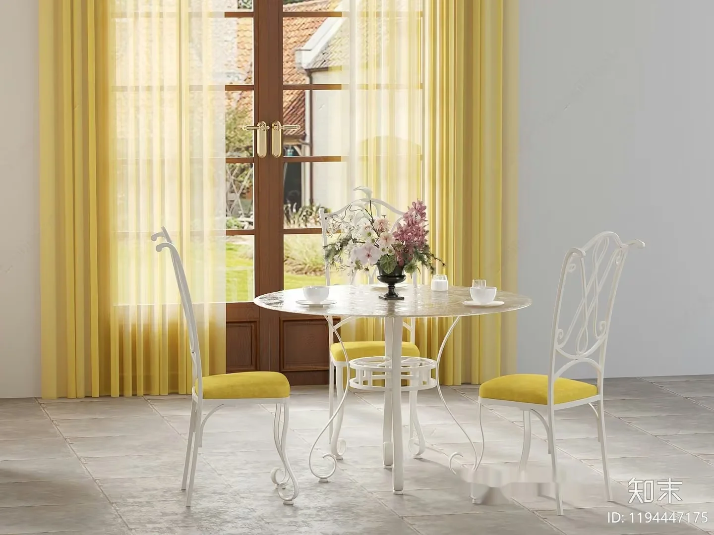 White Table With Yellow Chairs 3D Model – 14830 – CORONA Render