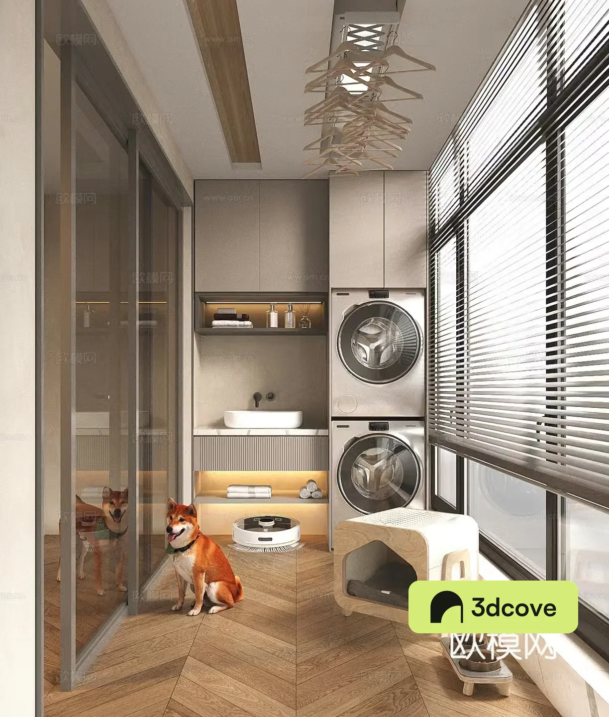 Modern washing machine cabinet Balcony washing machine cabinet Washing table Sweeping robot Clothes rack Drying